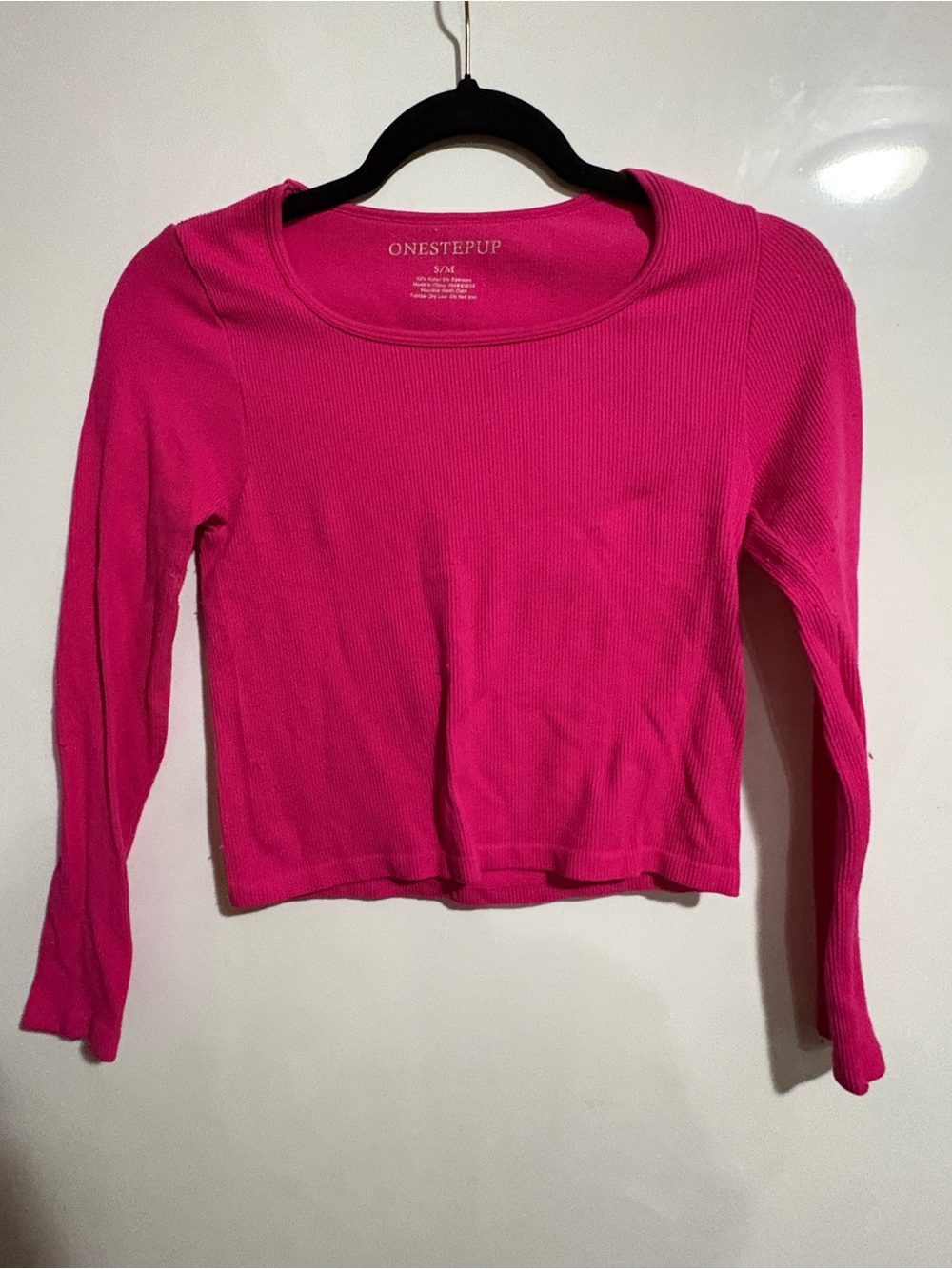 One Step Ahead Hot Pink Ribbed Long-Sleeve Crop Top